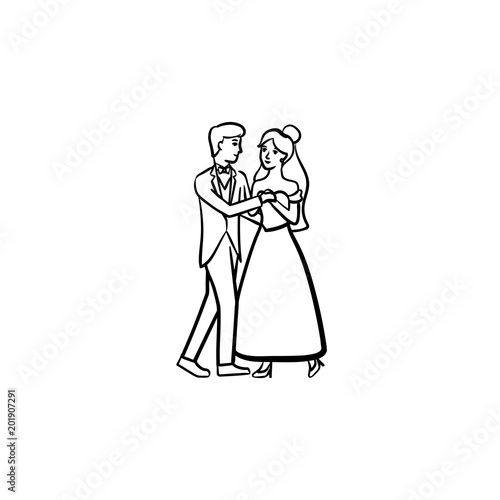 First wedding dance hand drawn outline doodle icon. Dance of groom and bride at wedding vector sketch illustration for print, web, mobile and infographics isolated on white background.