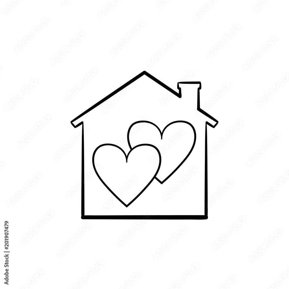 Sweet home hand drawn outline doodle icon. Love house with roof and hearts vector sketch illustration for print, web, mobile and infographics isolated on white background.