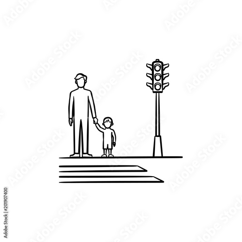 Parent and child crossing a sidewalk hand drawn outline doodle icon. Child safety vector sketch illustration for print, web, mobile and infographics isolated on white background.