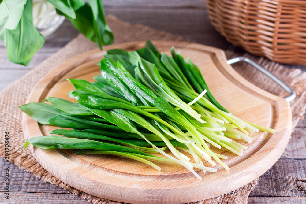 Wild garlic on a wooden board