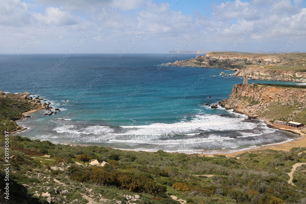View to Ghajn Tuffieha Bay and Golden Bay at the Mediterranean sea in Malta 