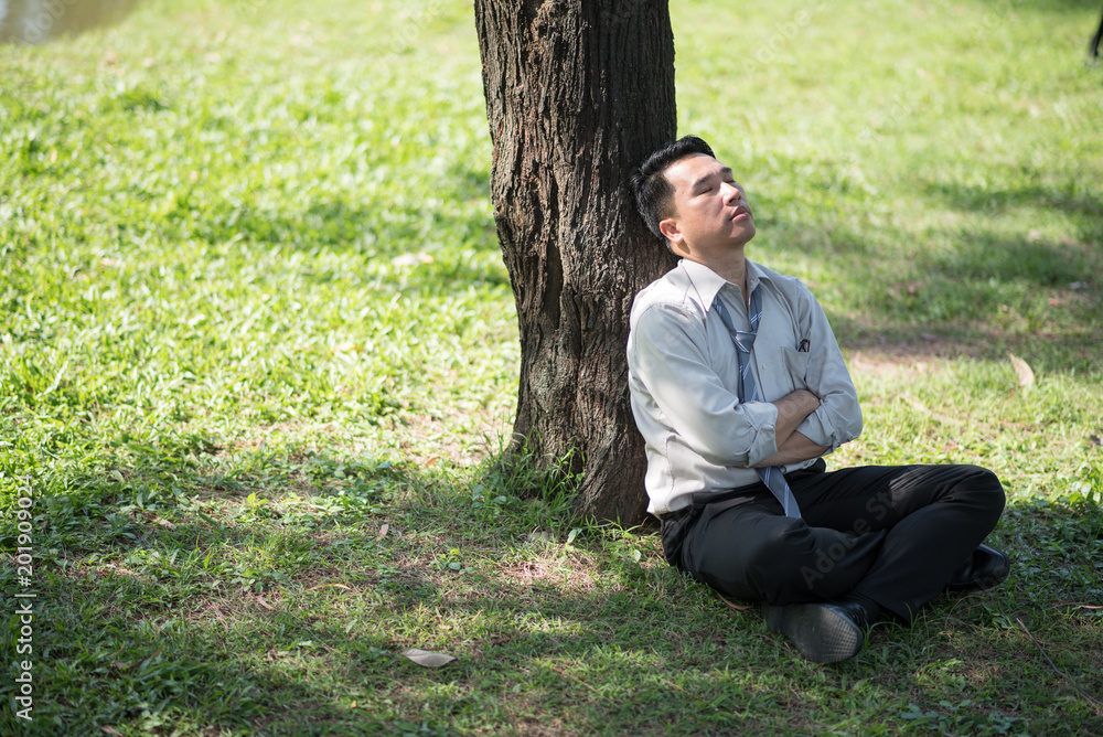Business man failing and serious under tree in the park. He is stressed with work Unsuccessful disappointed in project Business man failing and serious under tree in the park. He is stressed with work Unsuccessful disappointed in project