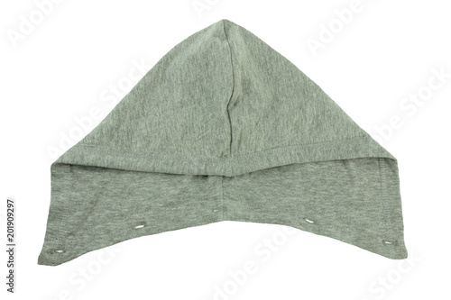 Detachable grey hood with buttonholes as part of blue jeans jacket. Part of fashionable cloths.