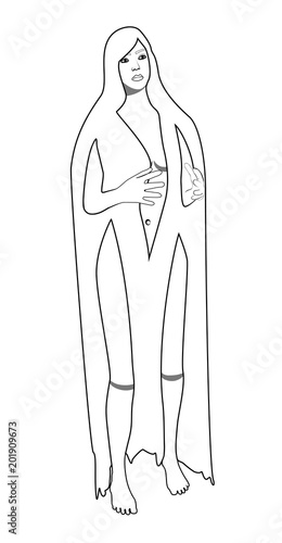 Vector illustration, isolated cartoon young naked woman with very long hair in black and white colors