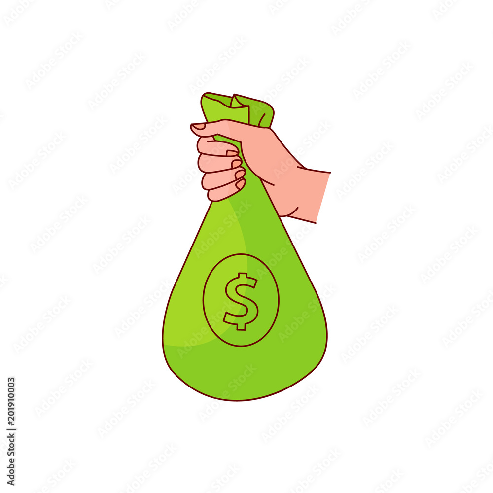 sketch man hand holding green bag with dollar sign icon. Bag with money financial banking, investment savings loan and debt symbol. Salary, payment finance success illustration sketch man hand holding green bag with dollar sign icon. Bag with money financial banking, investment savings loan and debt symbol. Salary, payment finance success illustration