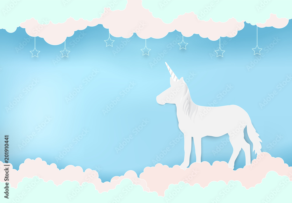 Unicorn on blue sky and cloud with star paper art, paper cut illustration style background Unicorn on blue sky and cloud with star paper art, paper cut illustration style background