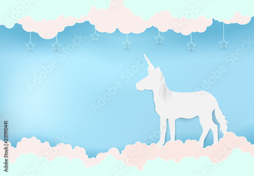 Unicorn on blue sky and cloud with star paper art, paper cut illustration style background