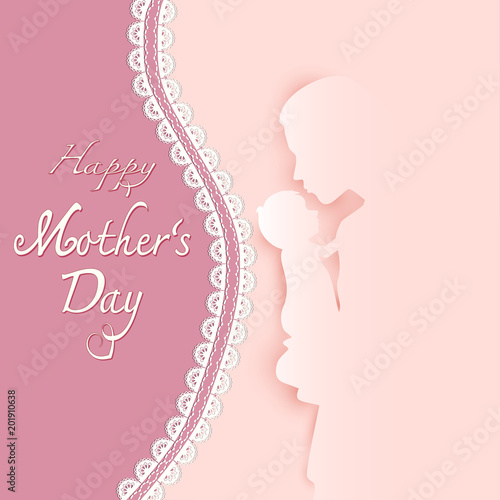 Mother and baby with Happy Mother s day text on pink Paper art background  Paper cut illustration