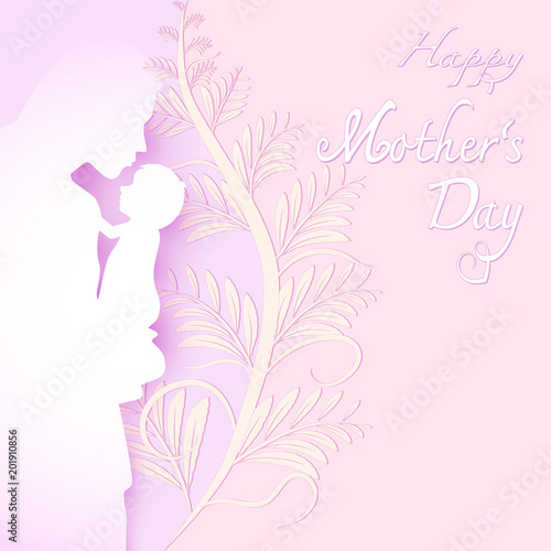 Mother and baby with Happy Mother's day text on pink Paper art background, Paper cut illustration