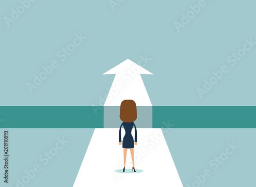 Business challenge or obstacle vector concept with businesswoman standing on the edge of gap, chasm with arrow going through. Concept of courage, bravery, risk. vector illustration.