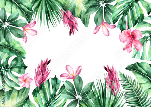 watercolor illustration of tropical leaves. frame of tropical leaves. invitation to the wedding