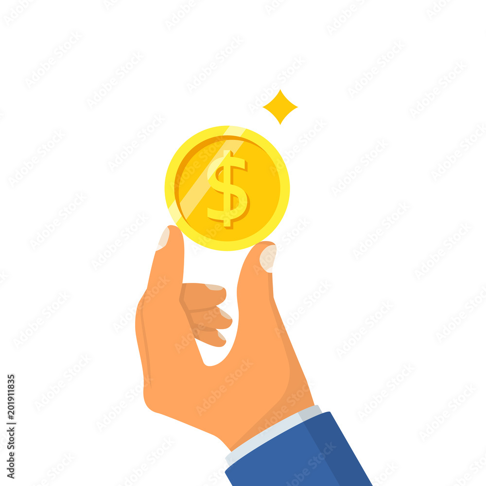 Coin in hand. Vector illustration flat style design. Holding money in palm human. Pay cash. Gold dollar. Isolated on white background. Donat icon. Giving, receiving money. Coin in hand. Vector illustration flat style design. Holding money in palm human. Pay cash. Gold dollar. Isolated on white background. Donat icon. Giving, receiving money.