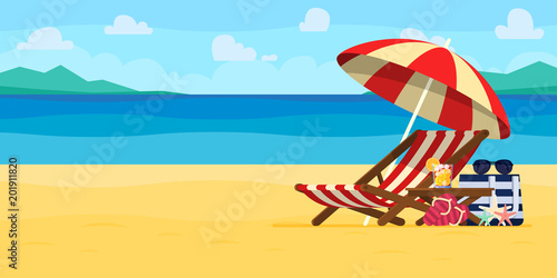Vacation and travel concept. Beach umbrella, beach chair.