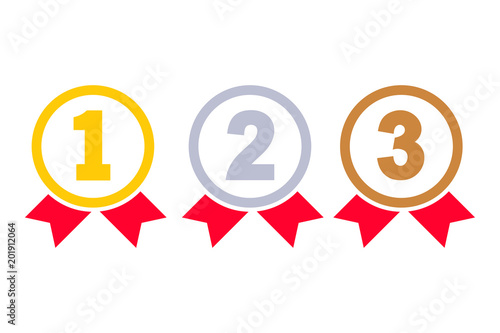 1st, 2nd, 3rd places. Gold, silver, bronze medal silhouette. First, second, third place. Award winner. Trophy with red ribbon. Golden badge achievement. Vector flat design Isolated on white background