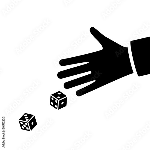 Man throws dice. Black silhouette dices on table. An avid person. Gambler. Playing in hand pictogram. Vector illustration flat design. Isolated on white background.