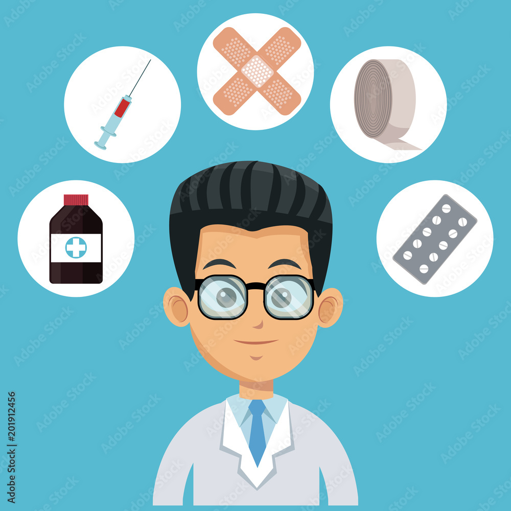 Doctor cartoon with medical round symbols vector illustration graphic design Doctor cartoon with medical round symbols vector illustration graphic design