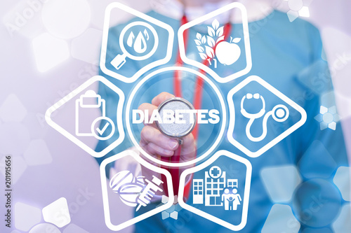 Diabetes Disease Cure Healthcare concept. Cholesterol Free Diet and Healthy Lifestyle. Glucose Insuline Control. Medic with red stethoscope touched diabetes word on a virtual interface. Diabetic.