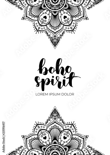 Abstract mandala banner design. Vector creative illustration with oriental boho elements. Black isolated theme flyers template