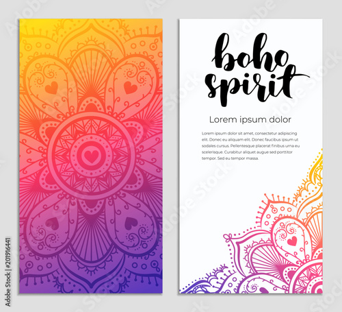 Abstract mandala banner design. Vector creative illustration with oriental boho elements. Gradient color theme flyers template