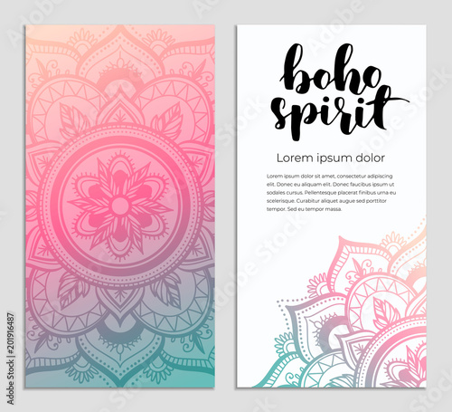 Abstract mandala banner design. Vector creative illustration with oriental boho elements. Gradient color theme flyers template