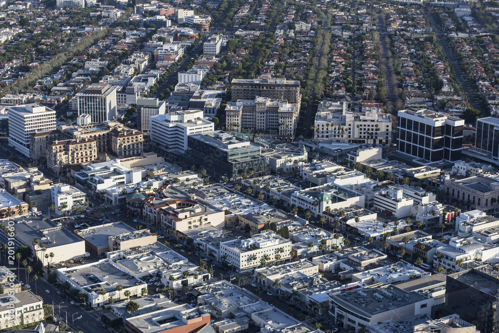 Aerial view the downtown Beverly Hills business district near Los ...