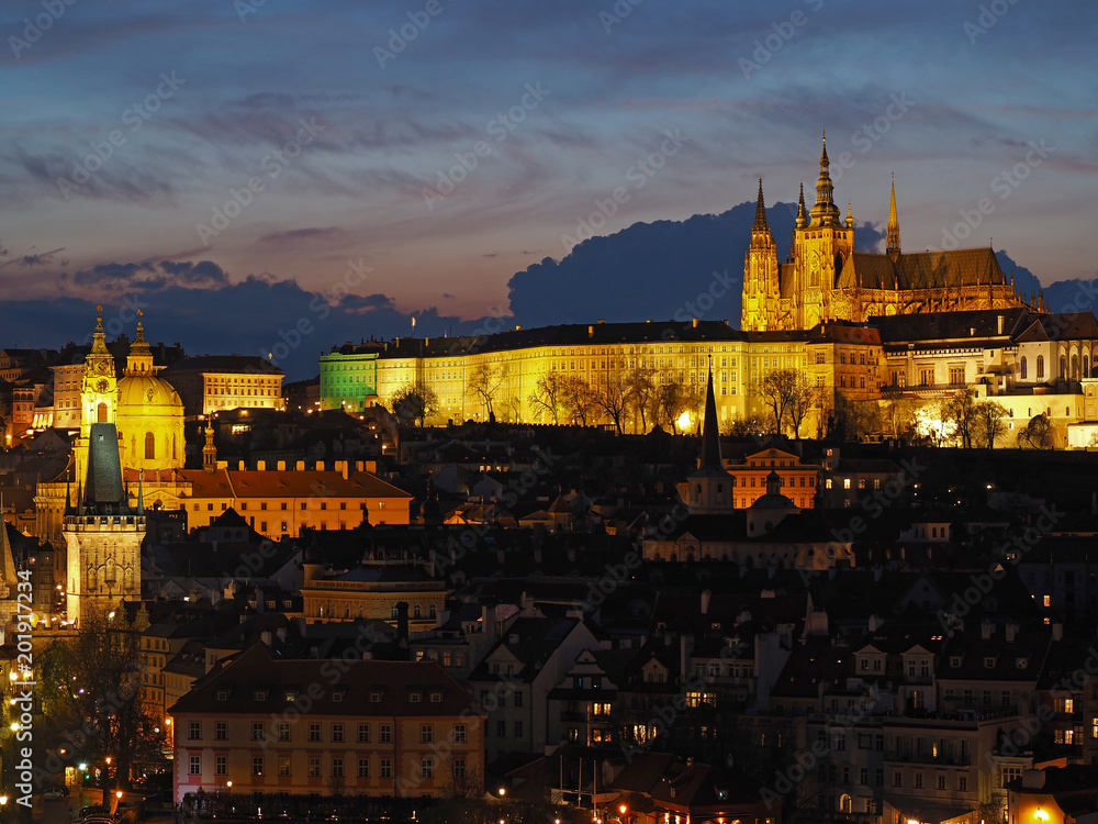 Prague is the capital of the Czech Republic. Political and cultural center of Bohemia. Its historic center was included in the Unesco World Heritage. Landscape at the castle in the night