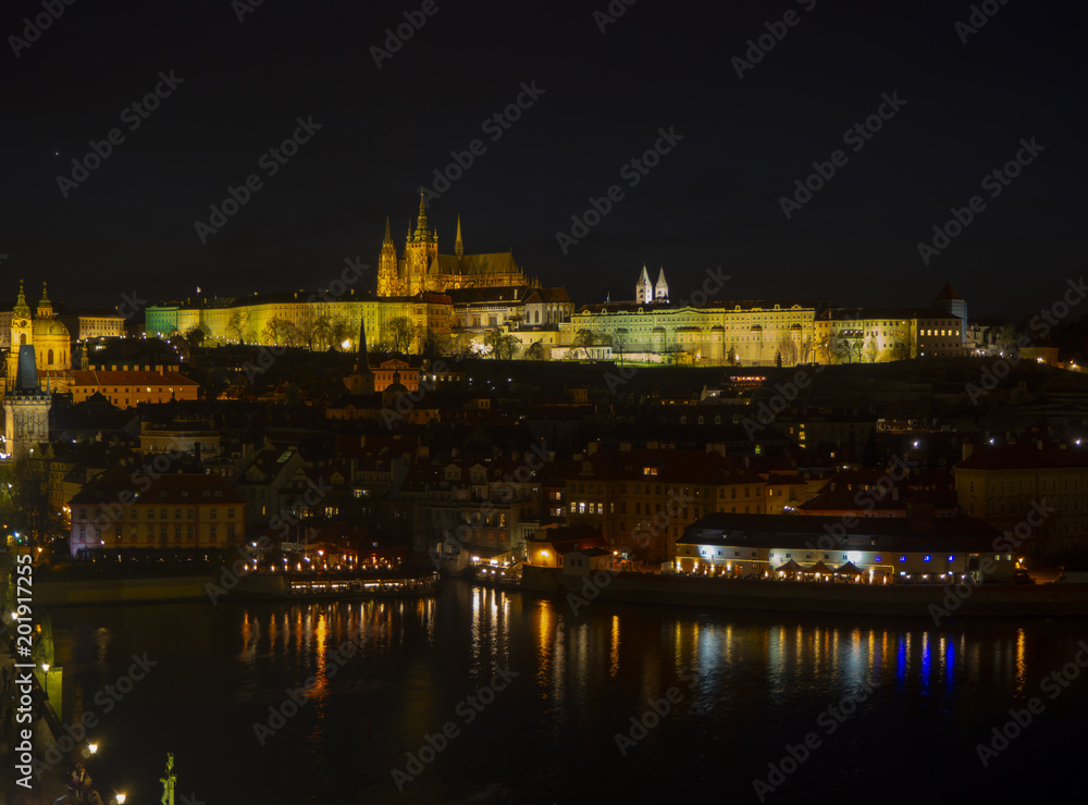 Prague is the capital of the Czech Republic. Political and cultural center of Bohemia. Its historic center was included in the Unesco World Heritage. Landscape at the castle in the night