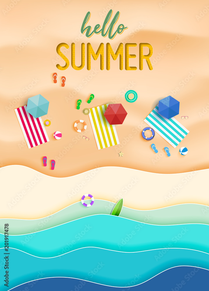 Hello summer background. Top view summer background vector in beach ...