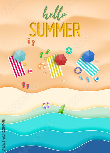 Hello summer background. Top view summer background vector in beach with umbrellas, balls, swim ring, sunglasses, surfboard, hat, sandals, juice, starfish and sea. 