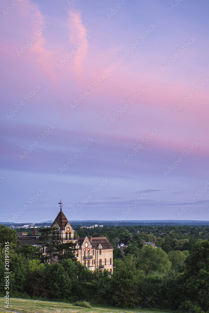 Colorful sunset landscape over fields and River Thames on Richmond Hill in London. Colorful sunset landscape over fields and River Thames on Richmond Hill in London.