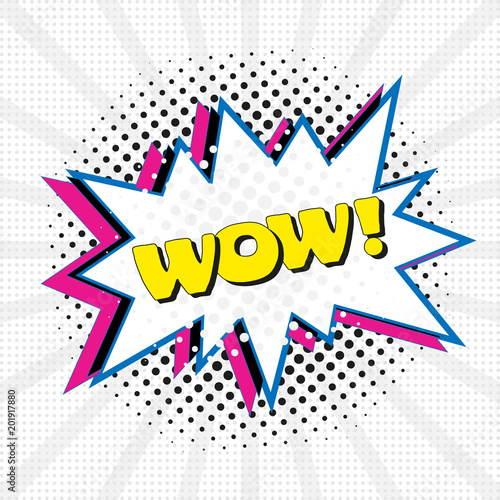 Comic speech bubble with text WOW, sound effect cloud of color phrase vector illustration