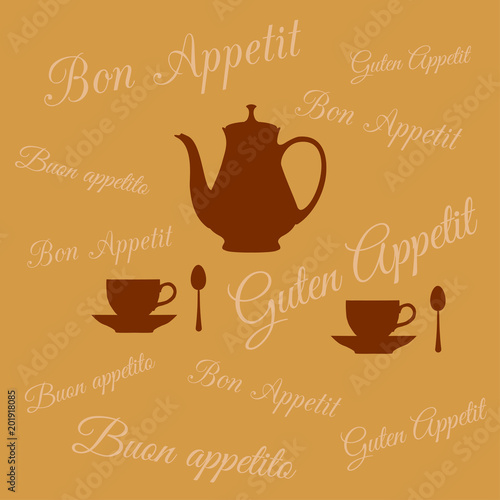 Coffee pot and two cups on background of inscription Bon appetit
