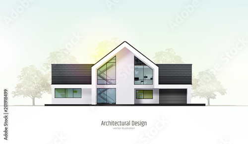 Modern house, villa, cottage, townhouse with shadows, with realistic trees. Architectural visualization. Trendy color three story cottage with white facade, brown roof. Realistic vector illustration.