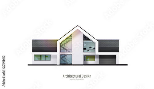 Modern house, villa, cottage, with shadows, isolated on white background. Architectural visualization. Trendy color three story cottage with white facade, brown roof. Realistic vector illustration.