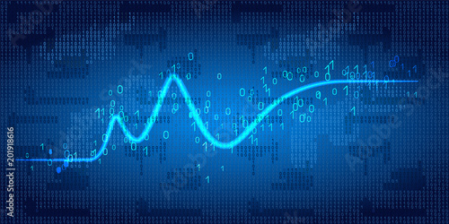 Neon wave graph against binary code background