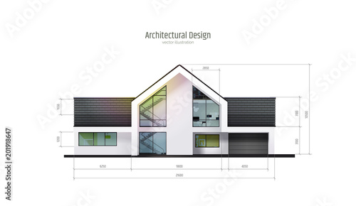 Modern house, villa, cottage, townhouse with shadows, isolated on white background. Architectural visualization of a three storey cottage with dimensions. Realistic vector illustration. photo