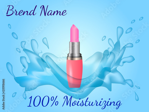 Pink lipstick with water splash. Vector illustration.