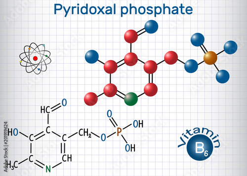 Pyridoxal phosphate (PLP, pyridoxal 5'-phosphate, P5P), vitamin B6, is a coenzyme. Structural chemical formula and molecule model. Sheet of paper in a cage
