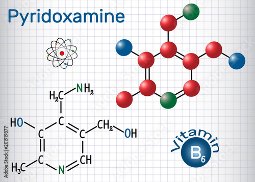 Pyridoxamine molecule, is a vitamin B6. Structural chemical formula and molecule model. Sheet of paper in a cage