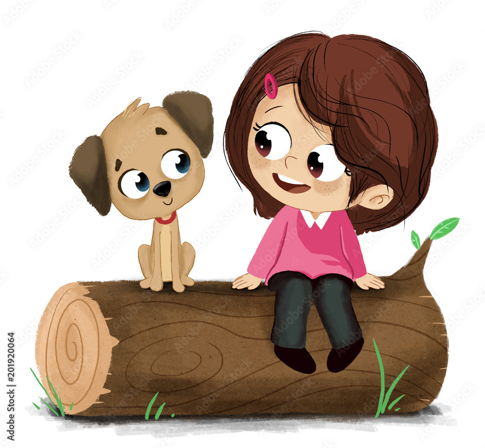 Niño con un perro sentado en un tronco en el campo Stock Illustration