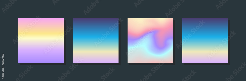 Holographic fluid set. Gradient background. Trendy hipster template for card, presentation, banner, flyer, brochure. Minimal holographic fluid in neon colors. Memphis style.