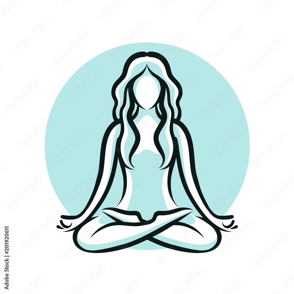 Yoga, beauty salon, spa logo or label or label. Girl sitting in lotus pose. Vector illustration Yoga, beauty salon, spa logo or label or label. Girl sitting in lotus pose. Vector illustration