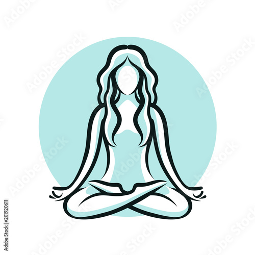 Yoga, beauty salon, spa logo or label or label. Girl sitting in lotus pose. Vector illustration