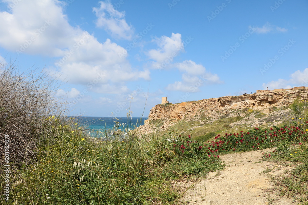 Hiking trails around Golden Bay at the Mediterranean sea, Malta