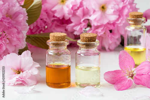Fototapeta Naklejka Na Ścianę i Meble -  Bottles of essential oil with pink cherry blossoms