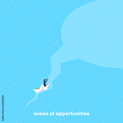 a man in a business suit with a telescope sails on a paper boat along a narrow channel entering the ocean, an isometric image