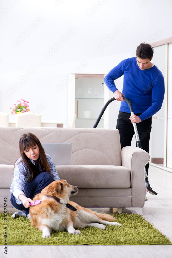Husband cleaning house from dog fur