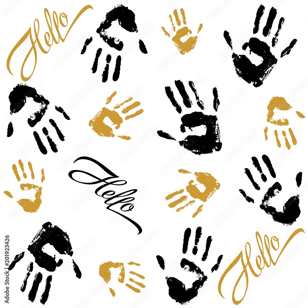 Fototapeta premium Pattern. Sketch of palm prints of a person and the phrase Hello. Ornament . Decor for fabric and wrapping paper. A decorative background. Vector