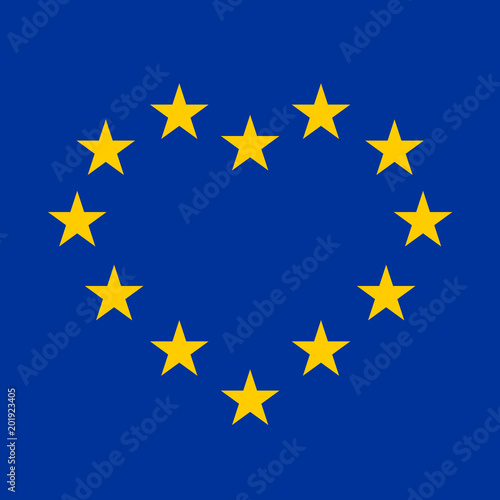 EU flag with yellow stars in a shape of heart on blue background. Vector illustration.
