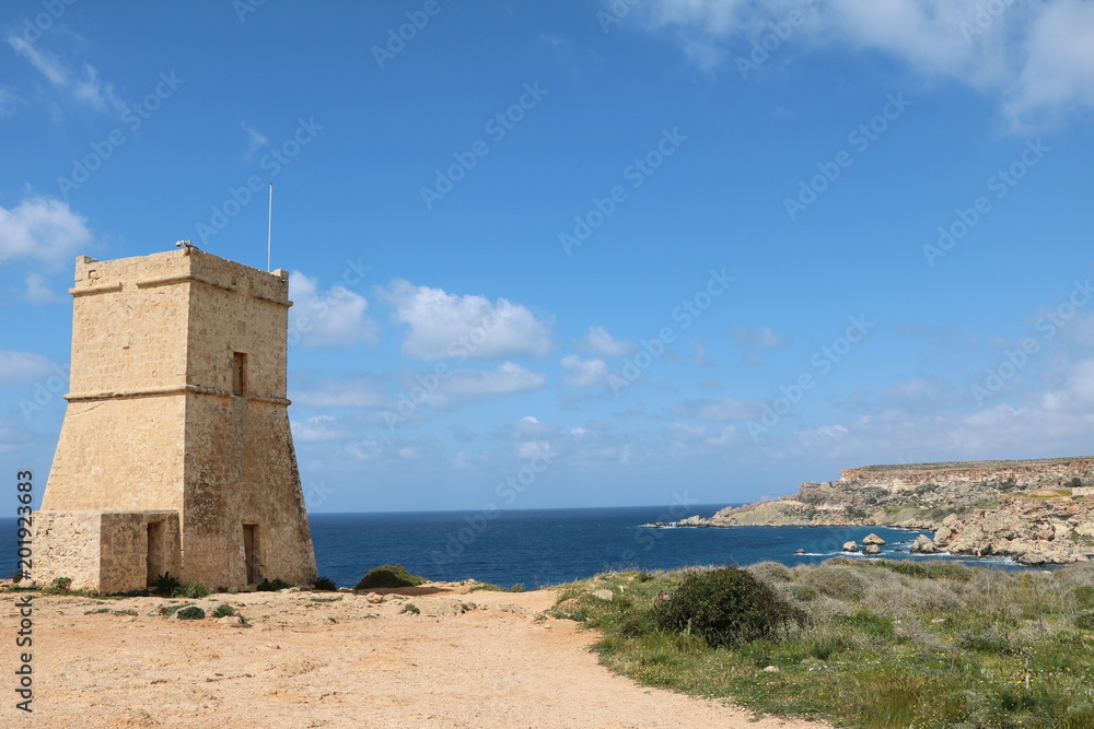 Way to Ghajn Tuffieha Tower at Golden Bay on the Mediterranean sea in Malta 